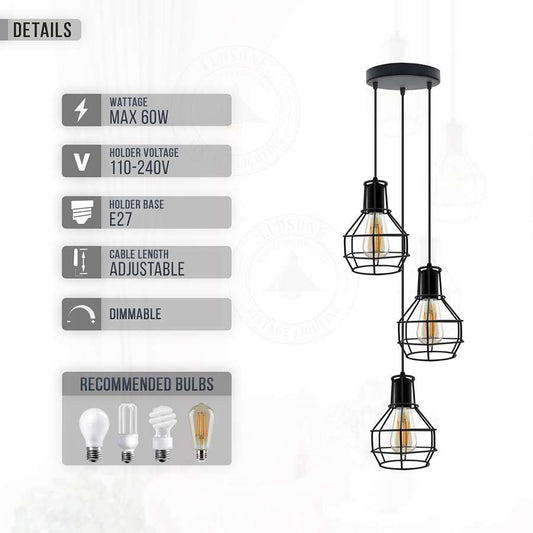 Industrial 3 Light Metal Cage Shade Hanging Pendant Light ~ 5125